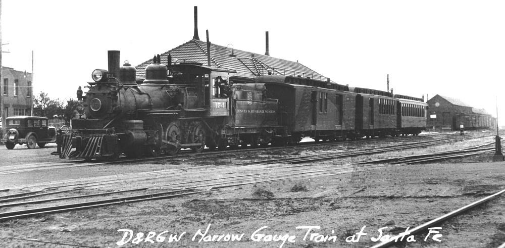 Denver and Rio Grande Western narrow gauge train at Santa Fe, New Mexico, Creator Santa Fe Railway Company, Date 1928?, Palace of the Governors Photo Archives, Negative Number 092216