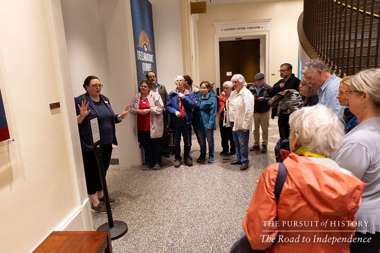 Emily Sneff, PhD, leading a tour of the Museum of the American Revolution; The Pursuit of History—The Road to Independence, Spring 2026 (photo by Joe Tacynec)-629