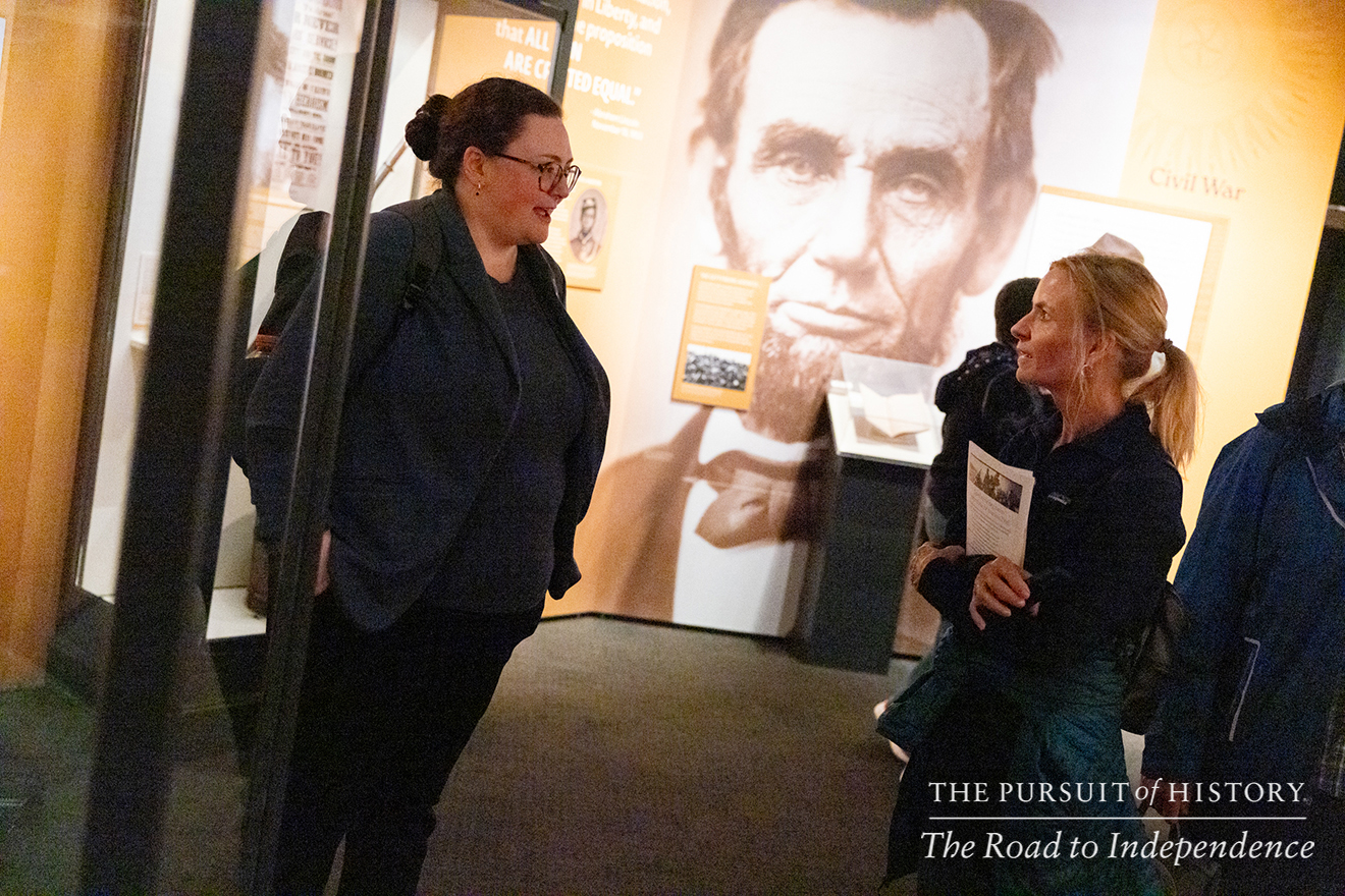 Emily Sneff, PhD, leading a tour of the Museum of the American Revolution; The Pursuit of History—The Road to Independence, Spring 2026 (photo by Joe Tacynec)-669