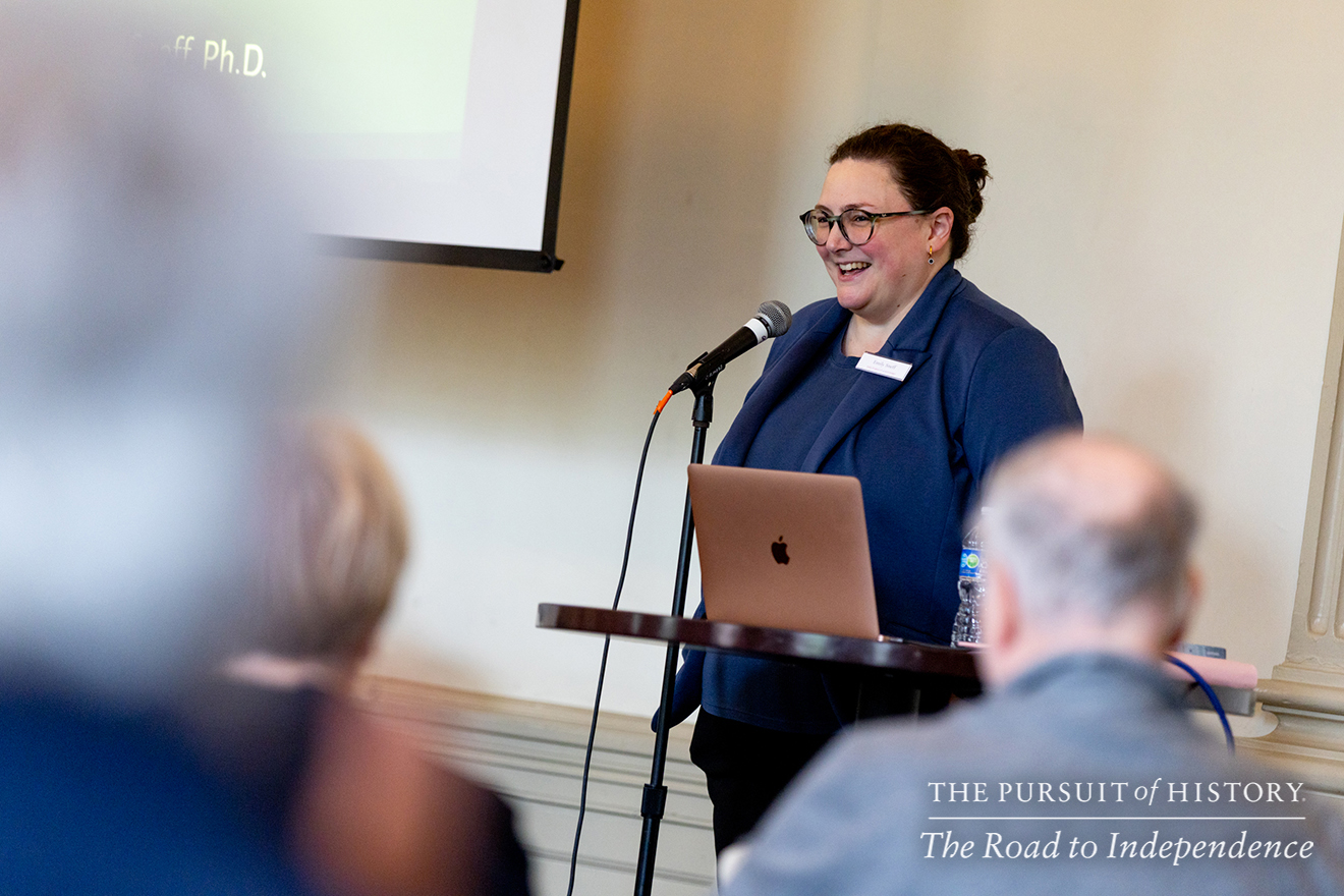Emily Sneff, PhD, presenting Spread of the Declaration; The Pursuit of History—The Road to Independence, Spring 2026 (photo by Joe Tacynec)-578