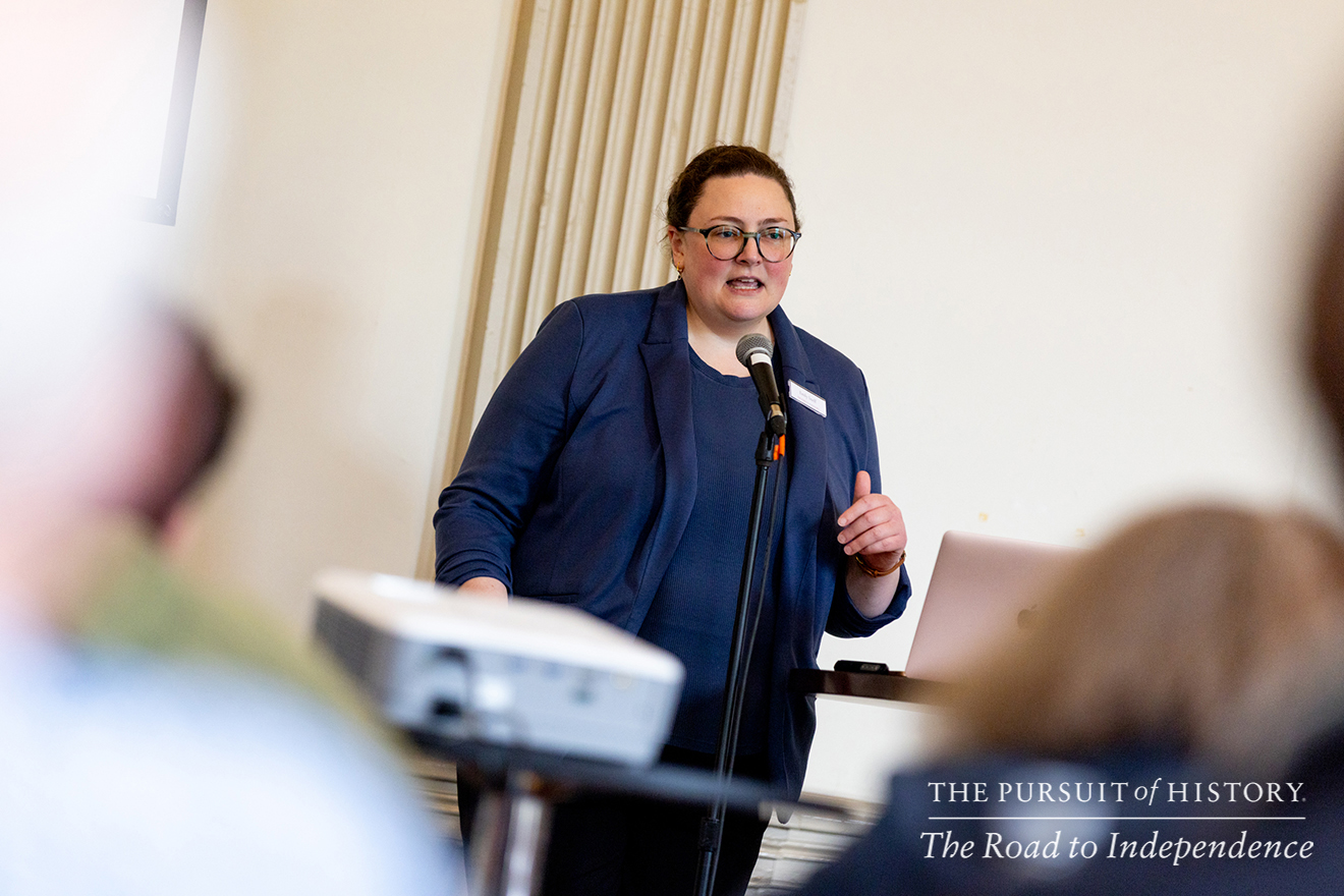 Emily Sneff, PhD, presenting Spread of the Declaration; The Pursuit of History—The Road to Independence, Spring 2026 (photo by Joe Tacynec)-583