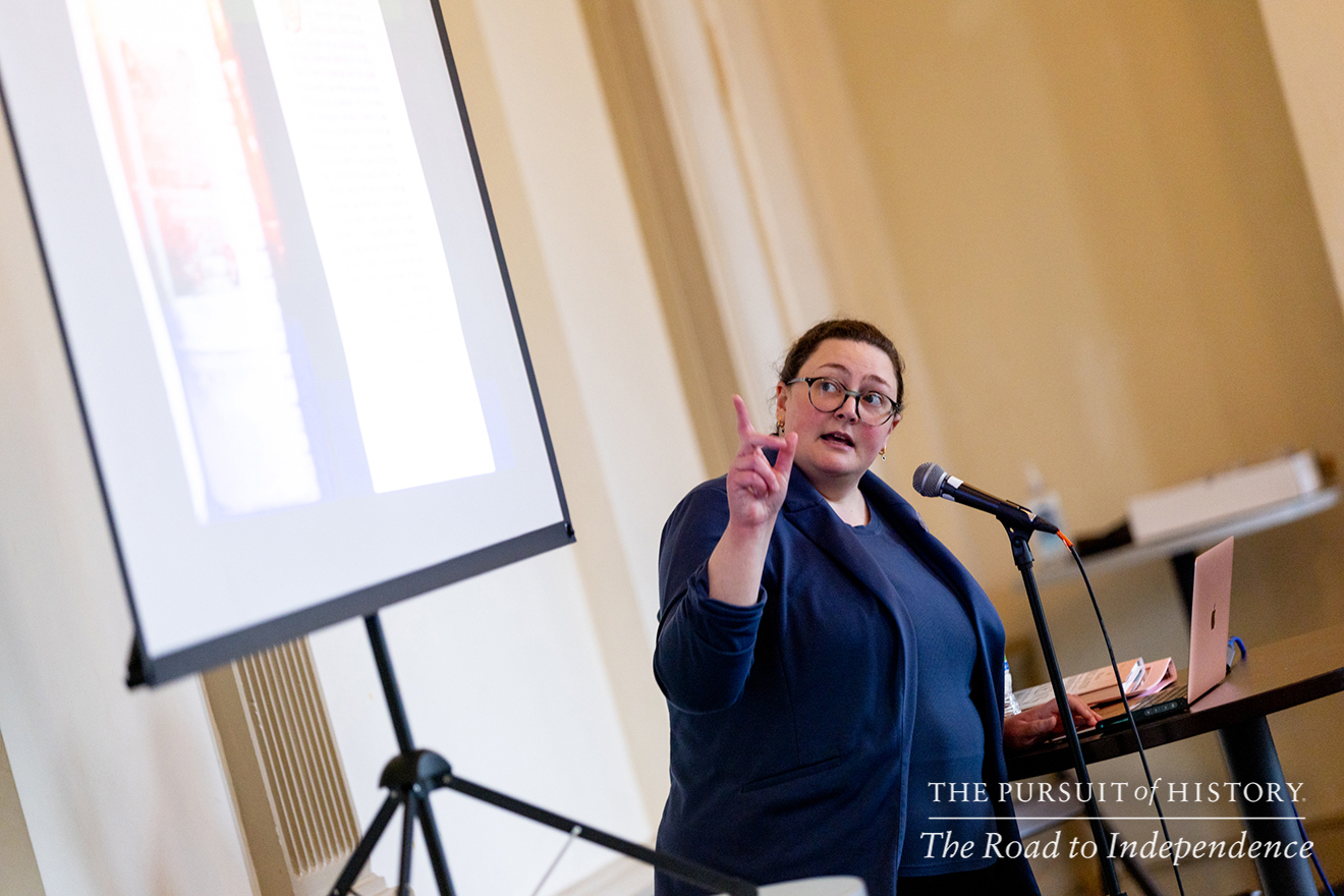 Emily Sneff, PhD, presenting Spread of the Declaration; The Pursuit of History—The Road to Independence, Spring 2026 (photo by Joe Tacynec)-591