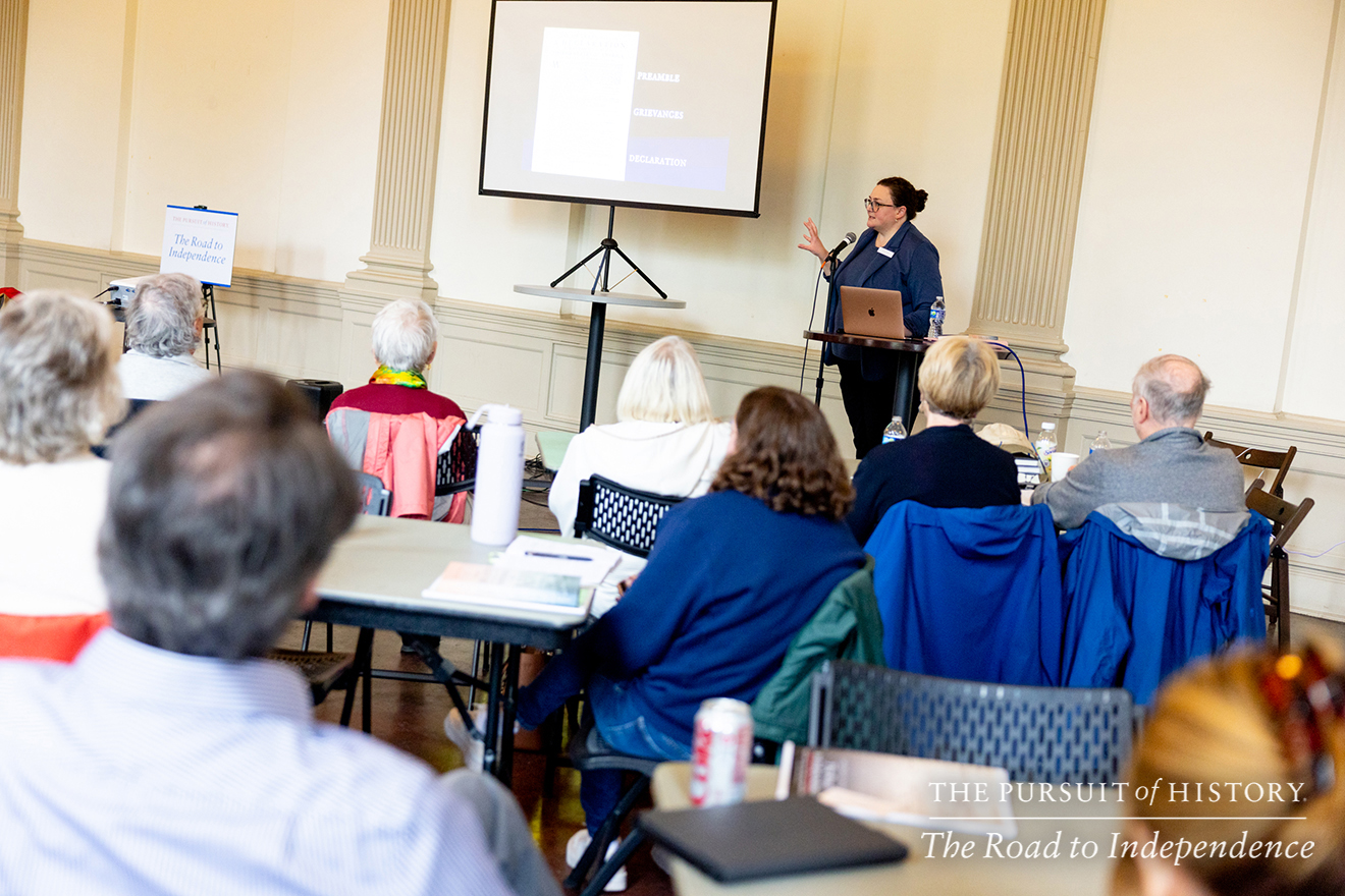 Emily Sneff, PhD, presenting Spread of the Declaration; The Pursuit of History—The Road to Independence, Spring 2026 (photo by Joe Tacynec)-598