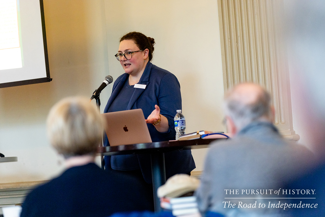 Emily Sneff, PhD, presenting Spread of the Declaration; The Pursuit of History—The Road to Independence, Spring 2026 (photo by Joe Tacynec)-601