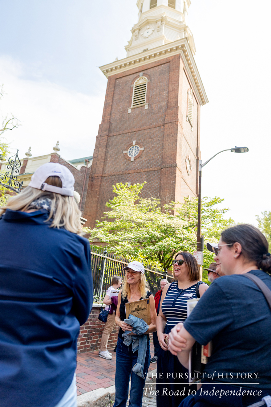 George Boudreau, PhD, leading the Neighborhood Walking Tour; The Pursuit of History—The Road to Independence, Spring 2026 (photo by Joe Tacynec)-297