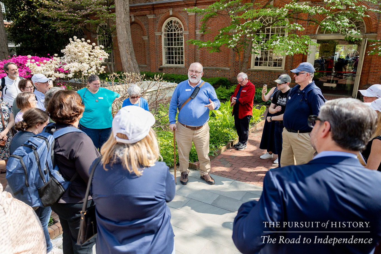 George Boudreau, PhD, leading the Neighborhood Walking Tour; The Pursuit of History—The Road to Independence, Spring 2026 (photo by Joe Tacynec)-305