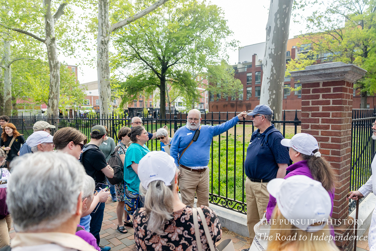 George Boudreau, PhD, leading the Neighborhood Walking Tour; The Pursuit of History—The Road to Independence, Spring 2026 (photo by Joe Tacynec)-316