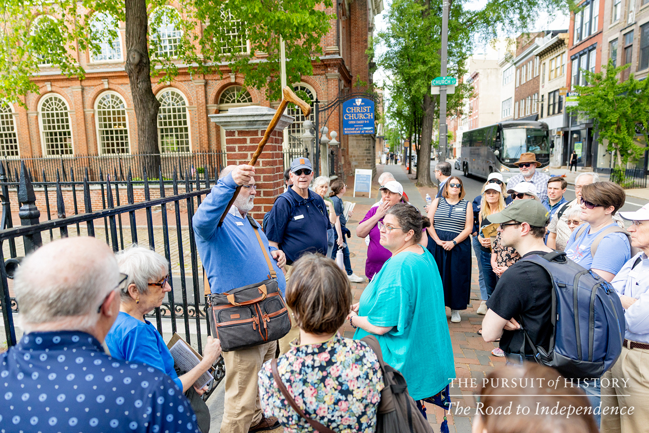 George Boudreau, PhD, leading the Neighborhood Walking Tour; The Pursuit of History—The Road to Independence, Spring 2026 (photo by Joe Tacynec)-317
