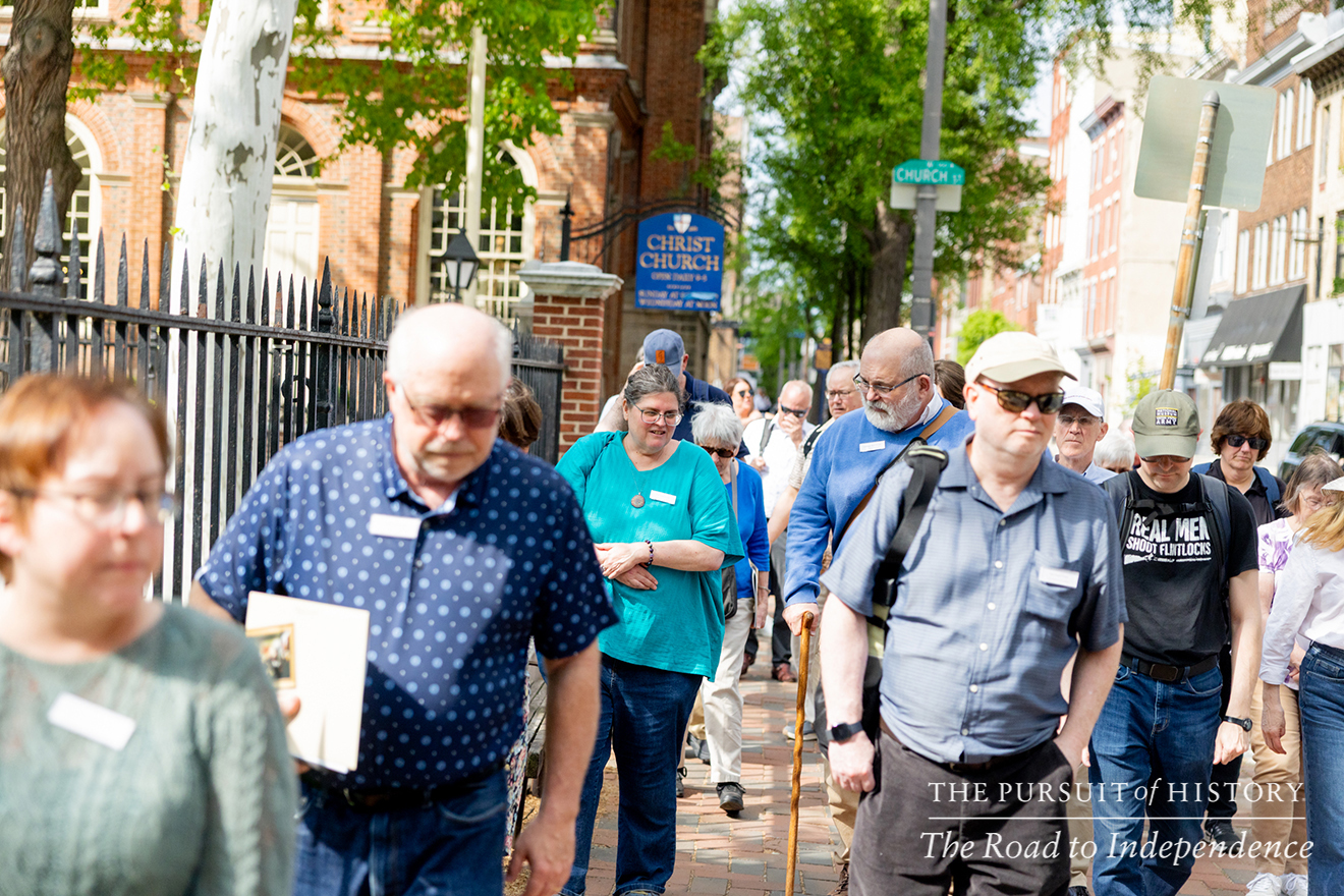 George Boudreau, PhD, leading the Neighborhood Walking Tour; The Pursuit of History—The Road to Independence, Spring 2026 (photo by Joe Tacynec)-318