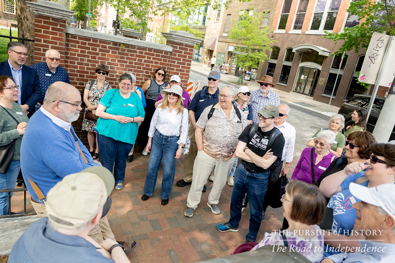 George Boudreau, PhD, leading the Neighborhood Walking Tour; The Pursuit of History—The Road to Independence, Spring 2026 (photo by Joe Tacynec)-324
