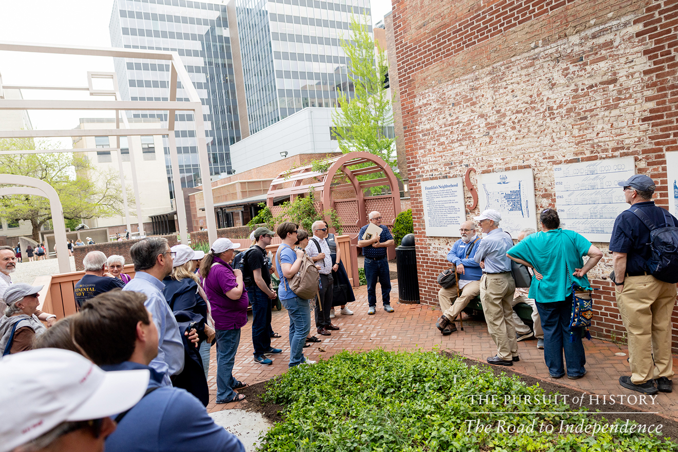 George Boudreau, PhD, leading the Neighborhood Walking Tour; The Pursuit of History—The Road to Independence, Spring 2026 (photo by Joe Tacynec)-330