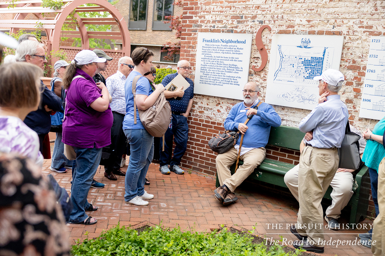 George Boudreau, PhD, leading the Neighborhood Walking Tour; The Pursuit of History—The Road to Independence, Spring 2026 (photo by Joe Tacynec)-332