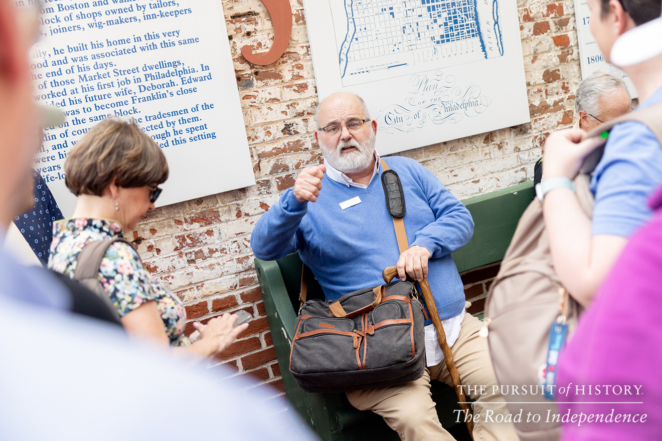 George Boudreau, PhD, leading the Neighborhood Walking Tour; The Pursuit of History—The Road to Independence, Spring 2026 (photo by Joe Tacynec)-340
