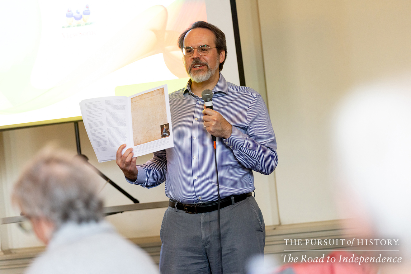 J. L. Bell Program Director at the Saturday Welcome Session; The Pursuit of History—The Road to Independence, Spring 2026 (photo by Joe Tacynec)-572