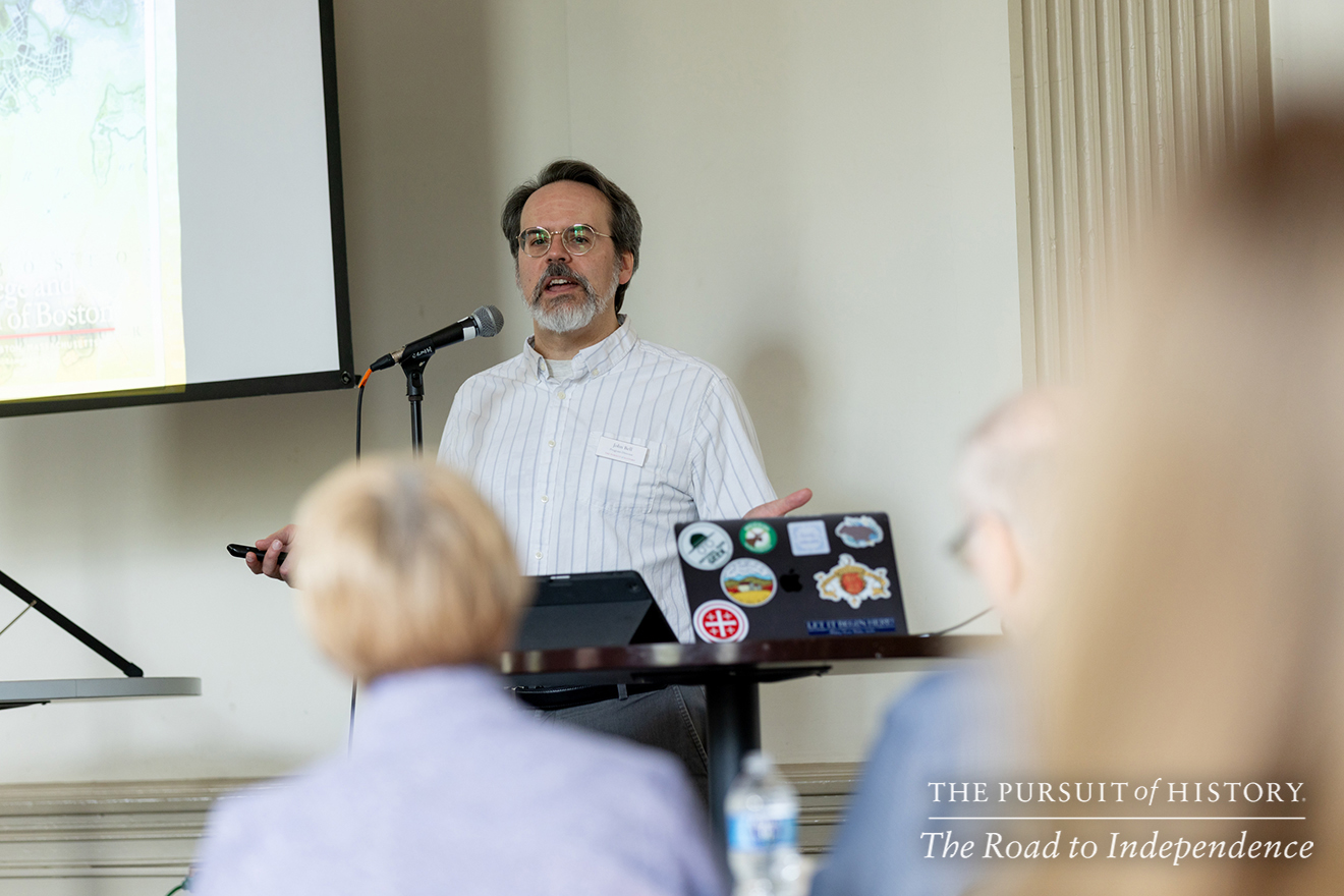 J. L. Bell, Program Director, presenting Spring 1775—The Story So Far; The Pursuit of History—The Road to Independence, Spring 2026 (photo by Joe Tacynec)-015