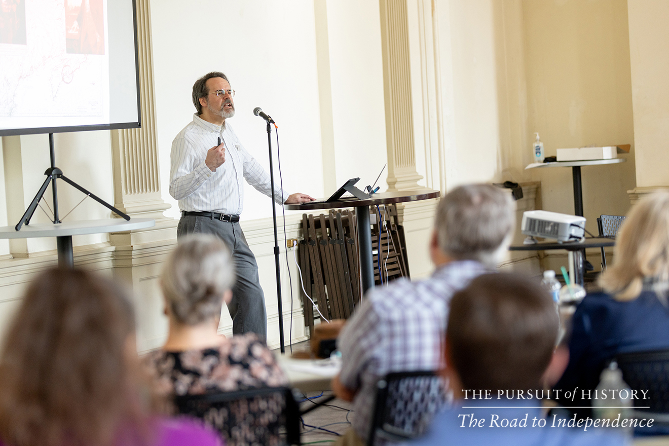 J. L. Bell, Program Director, presenting Spring 1775—The Story So Far; The Pursuit of History—The Road to Independence, Spring 2026 (photo by Joe Tacynec)-017