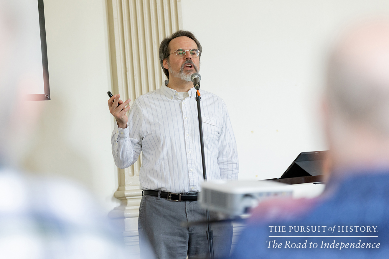 J. L. Bell, Program Director, presenting Spring 1775—The Story So Far; The Pursuit of History—The Road to Independence, Spring 2026 (photo by Joe Tacynec)-026