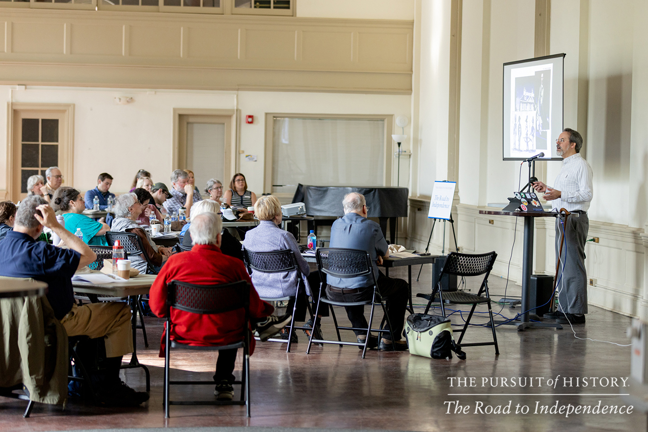 J. L. Bell, Program Director, presenting Spring 1775—The Story So Far; The Pursuit of History—The Road to Independence, Spring 2026 (photo by Joe Tacynec)-031