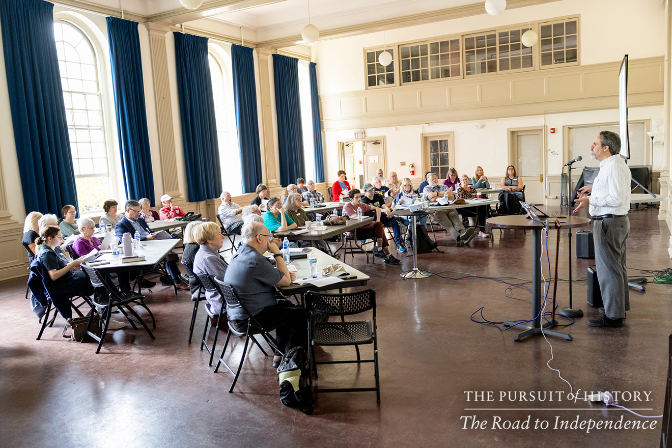 J. L. Bell, Program Director, presenting Spring 1775—The Story So Far; The Pursuit of History—The Road to Independence, Spring 2026 (photo by Joe Tacynec)-060
