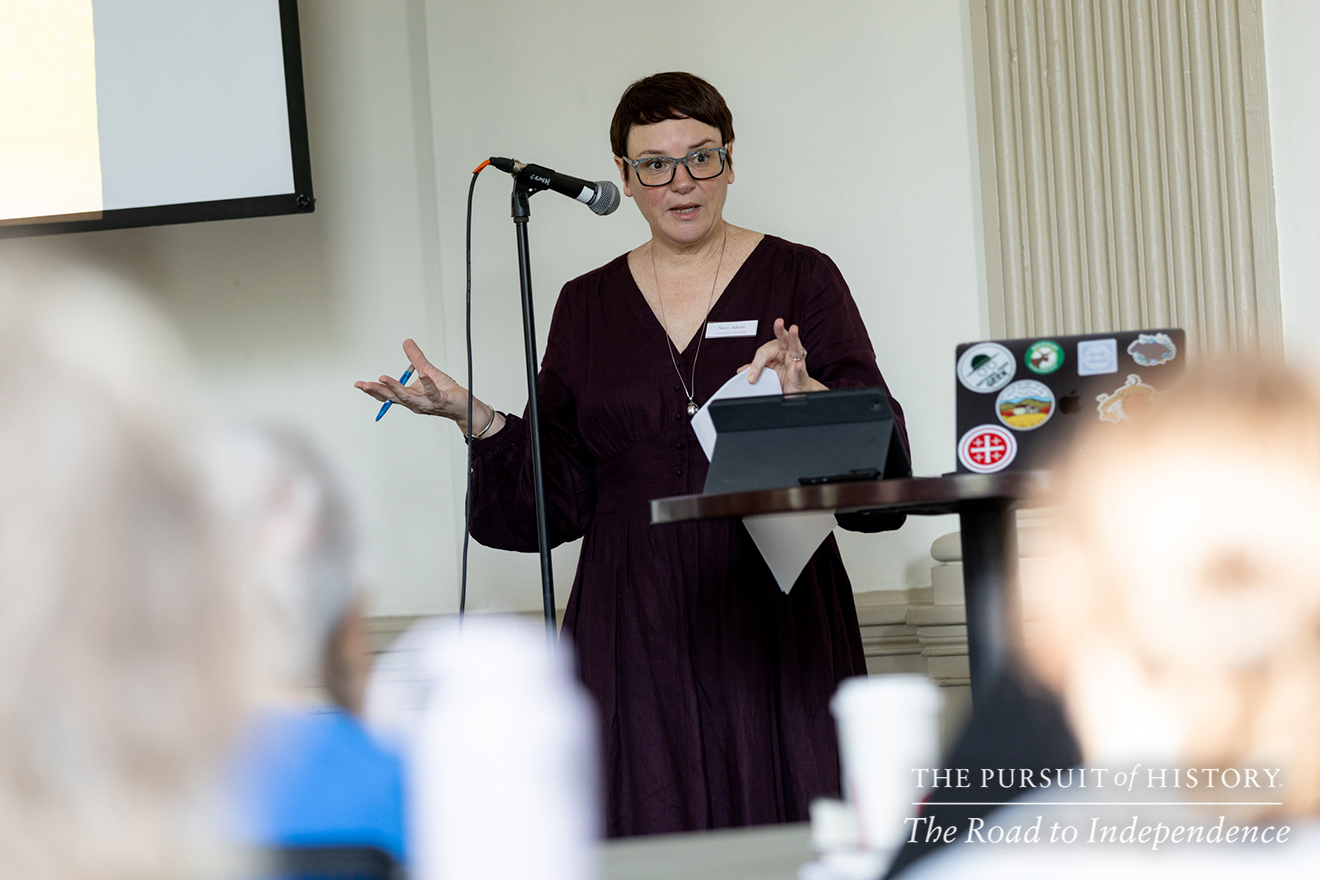 Mary Adams at the Friday Welcome Session; The Pursuit of History—The Road to Independence, Spring 2026 (photo by Joe Tacynec)-012