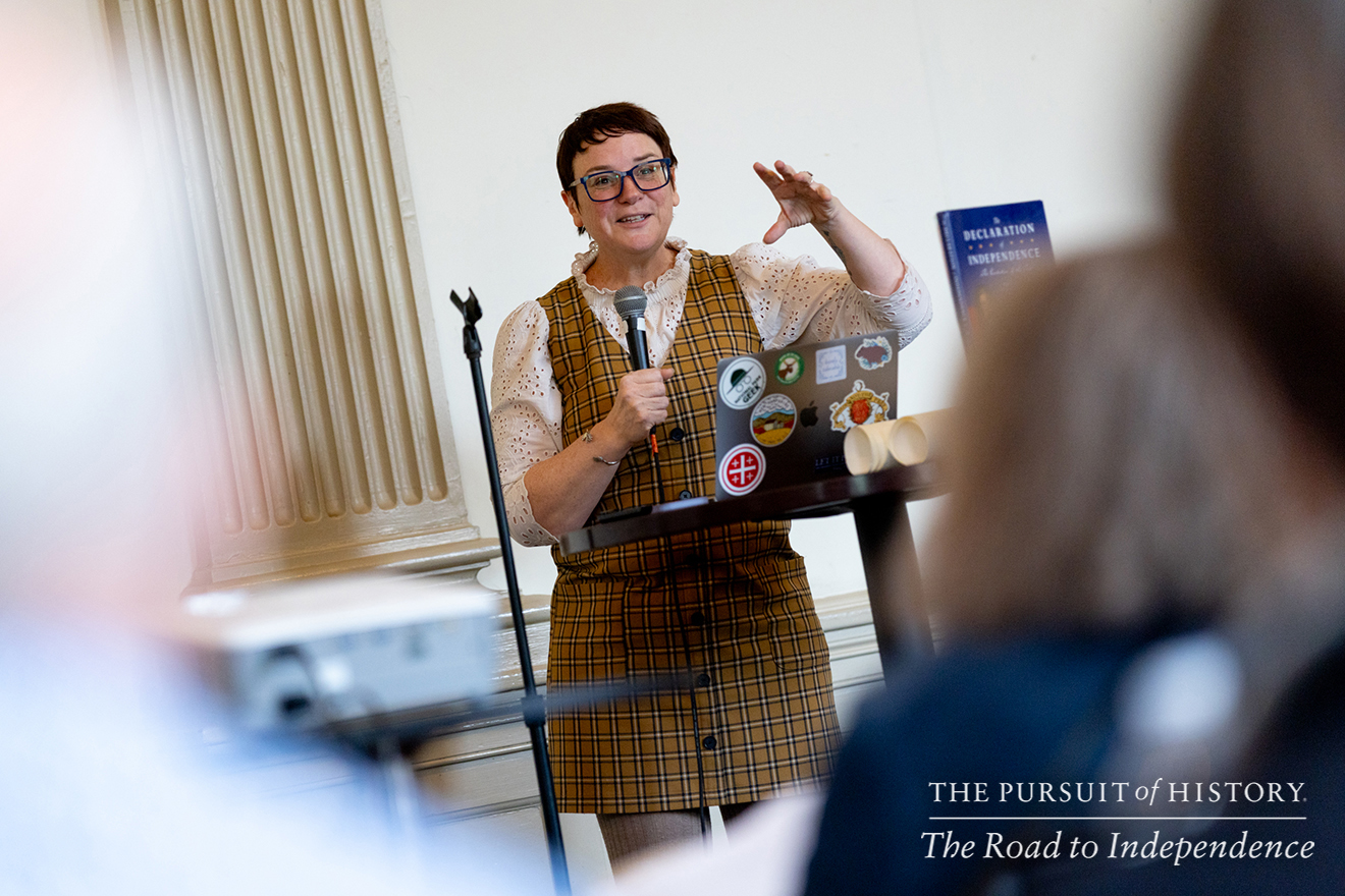 Mary Adams at the Saturday Welcome Session; The Pursuit of History—The Road to Independence, Spring 2026 (photo by Joe Tacynec)-550