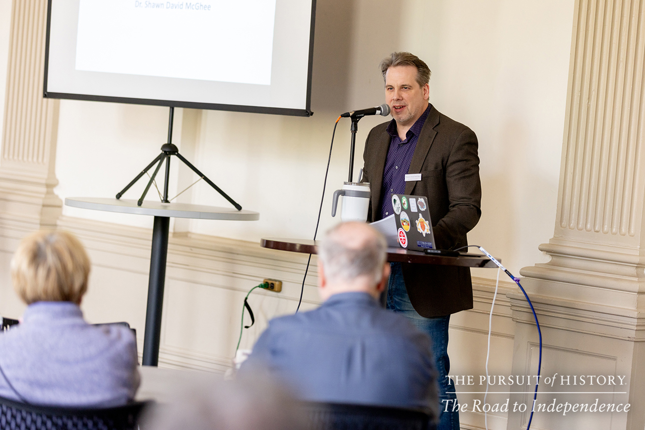Shawn David McGhee, PhD, presenting The Dark and Untrodden Way of Independence; The Pursuit of History—The Road to Independence, Spring 2026 (photo by Joe Tacynec)-254
